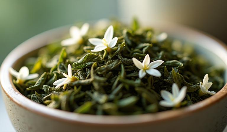 Primer plano de hojas de té verde de alta calidad con flores de jazmín