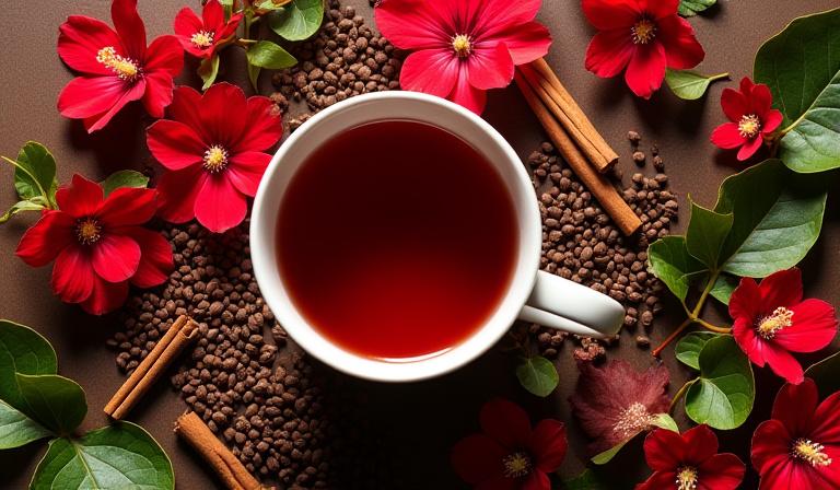 Composición plana de flores de jamaica, cacao y canela junto a tazas de té