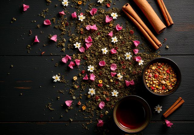 Mezcla de hojas de té, flores y especias sobre una mesa de madera