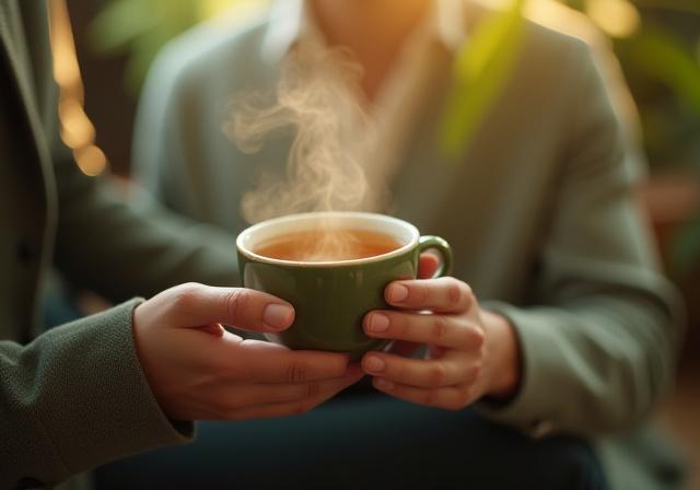 Persona meditando con una taza de té humeante