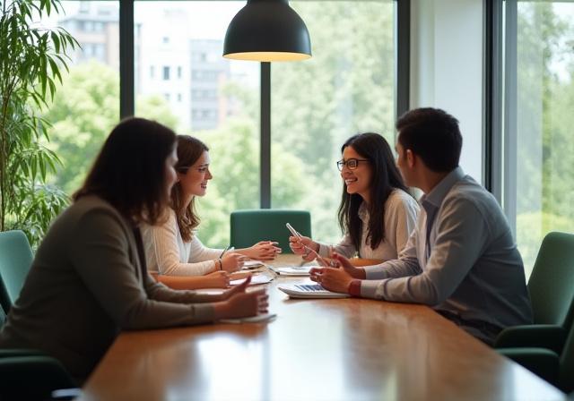 Equipo de trabajo colaborando en una oficina moderna y luminosa
