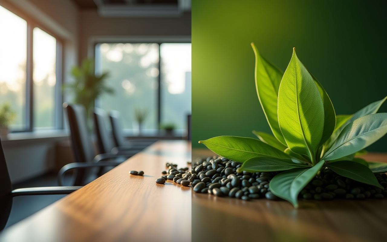 Reunión estratégica profesional en una oficina iluminada con texturas de té orgánico