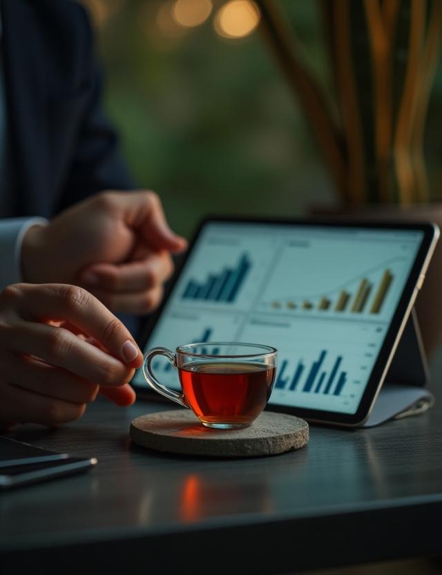 Manos expertas preparando té de especialidad junto a un tablet con gráficos de negocios
