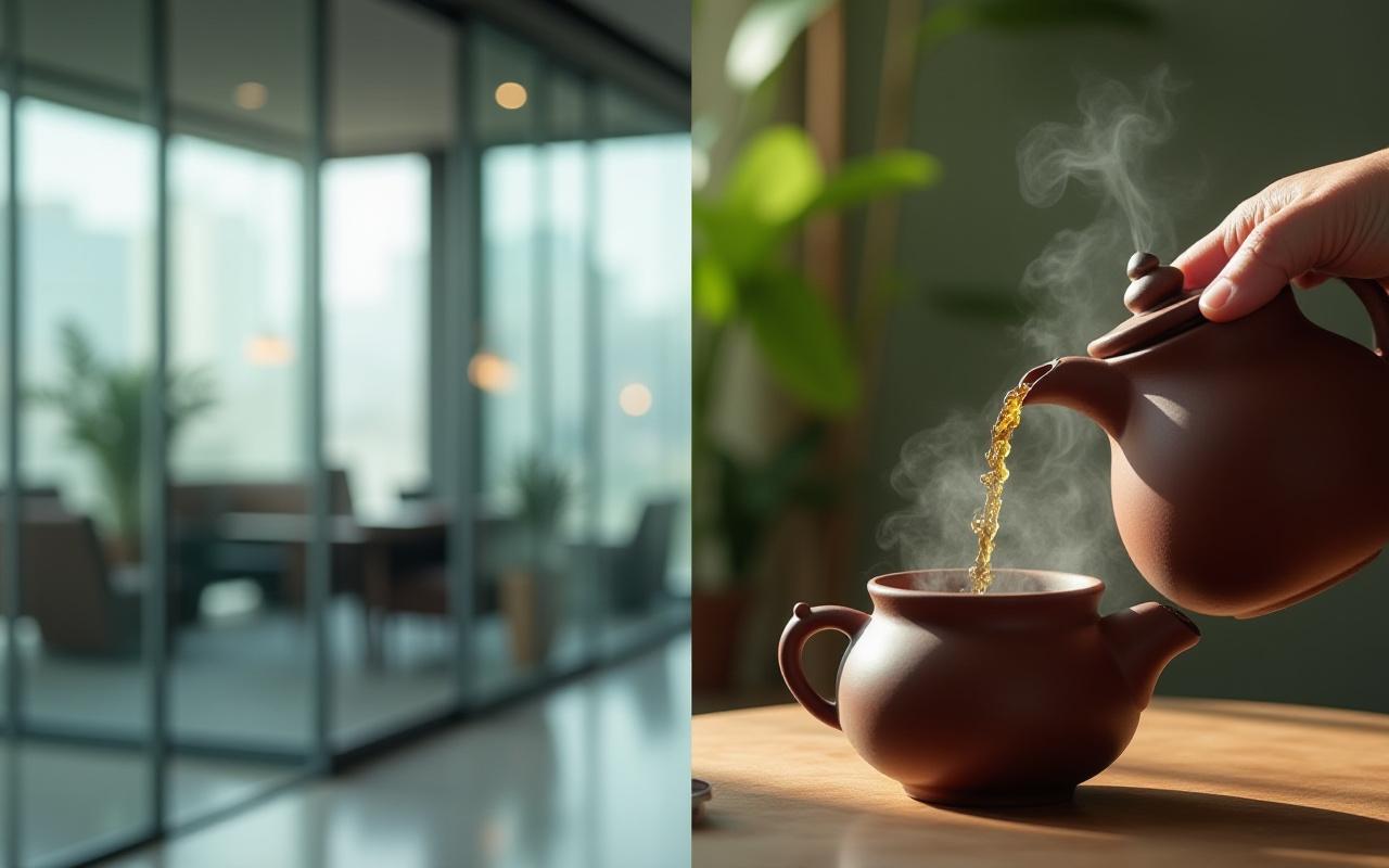 Dualidad entre oficina moderna y preparación de té de especialidad