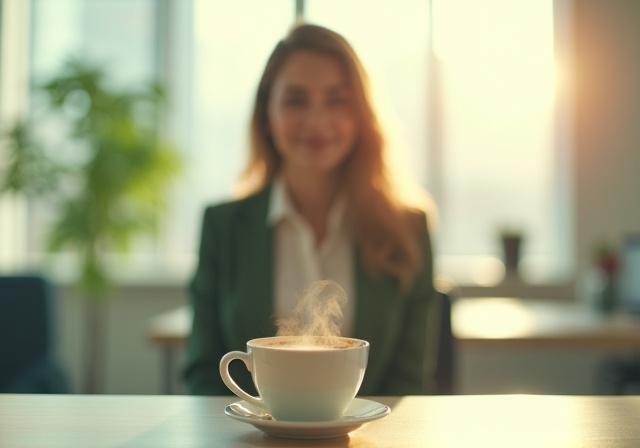 Persona meditando con una taza de té en una oficina moderna