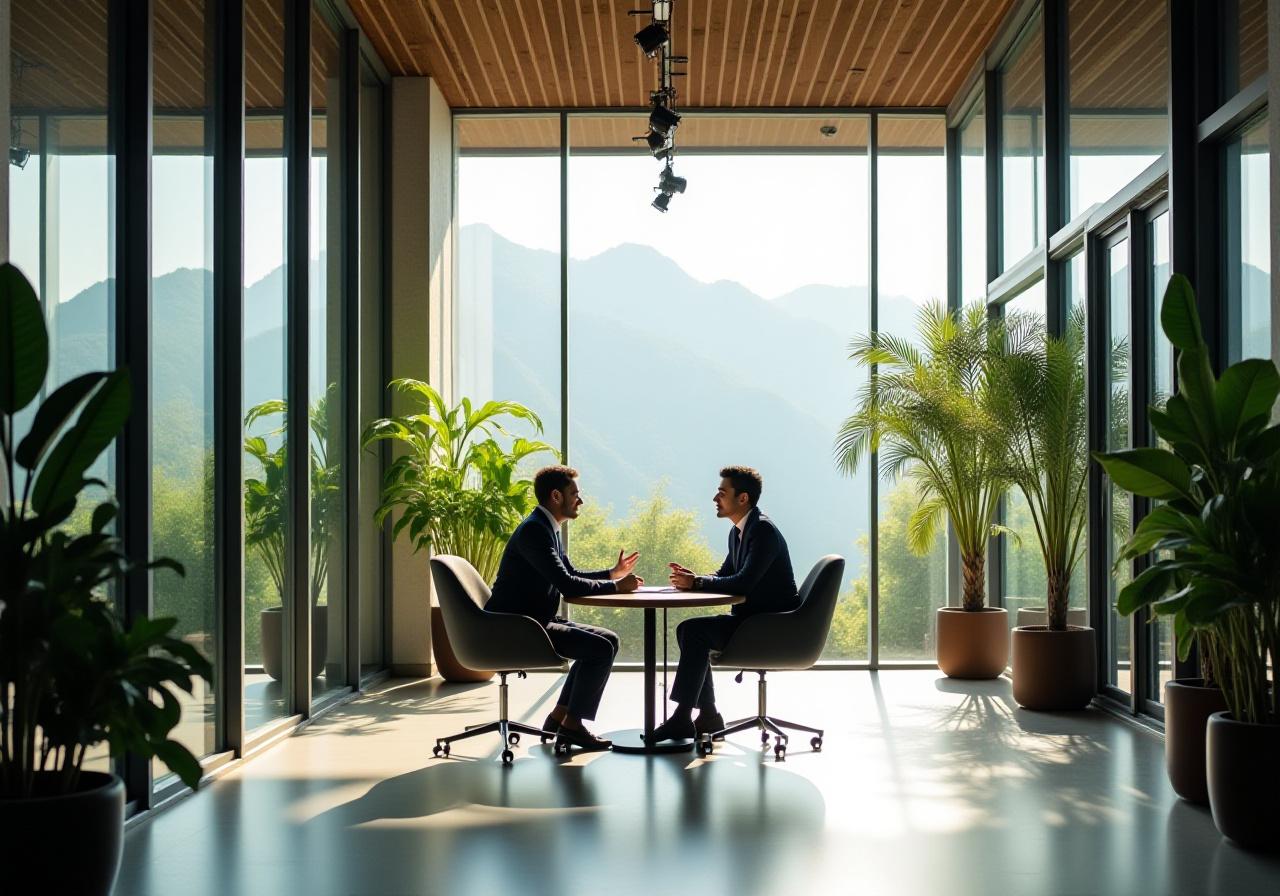 Colaboración profesional en una oficina moderna con elementos naturales